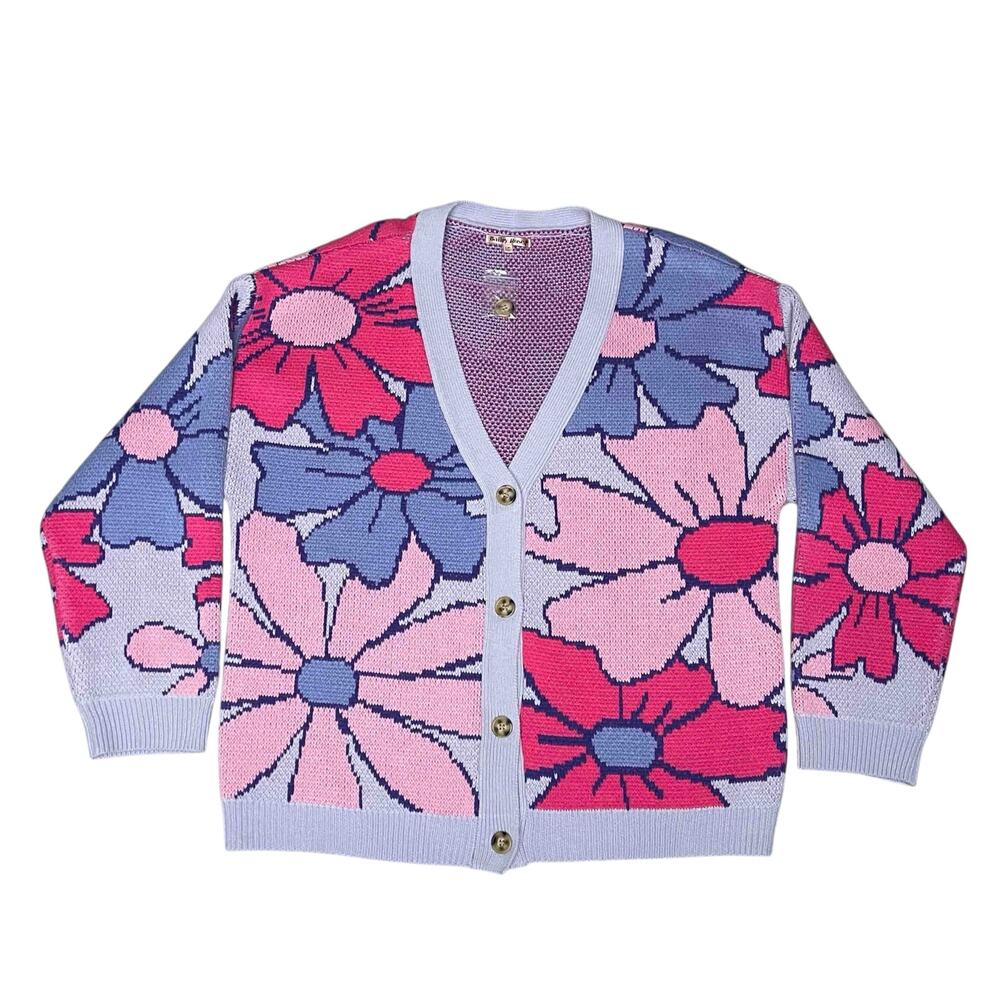 Bailey Rose Floral Knit Oversized Cardigan Sweater M Purple Pink Coquette Retro